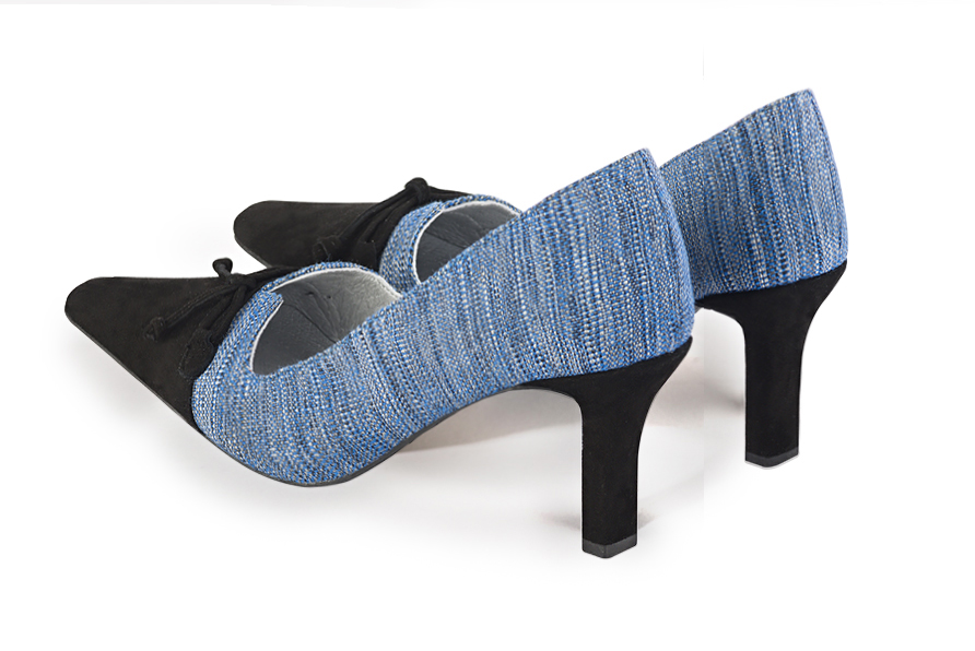 Matt black and electric blue women's dress pumps, with a knot on the front. Tapered toe. High slim heel. Rear view - Florence KOOIJMAN